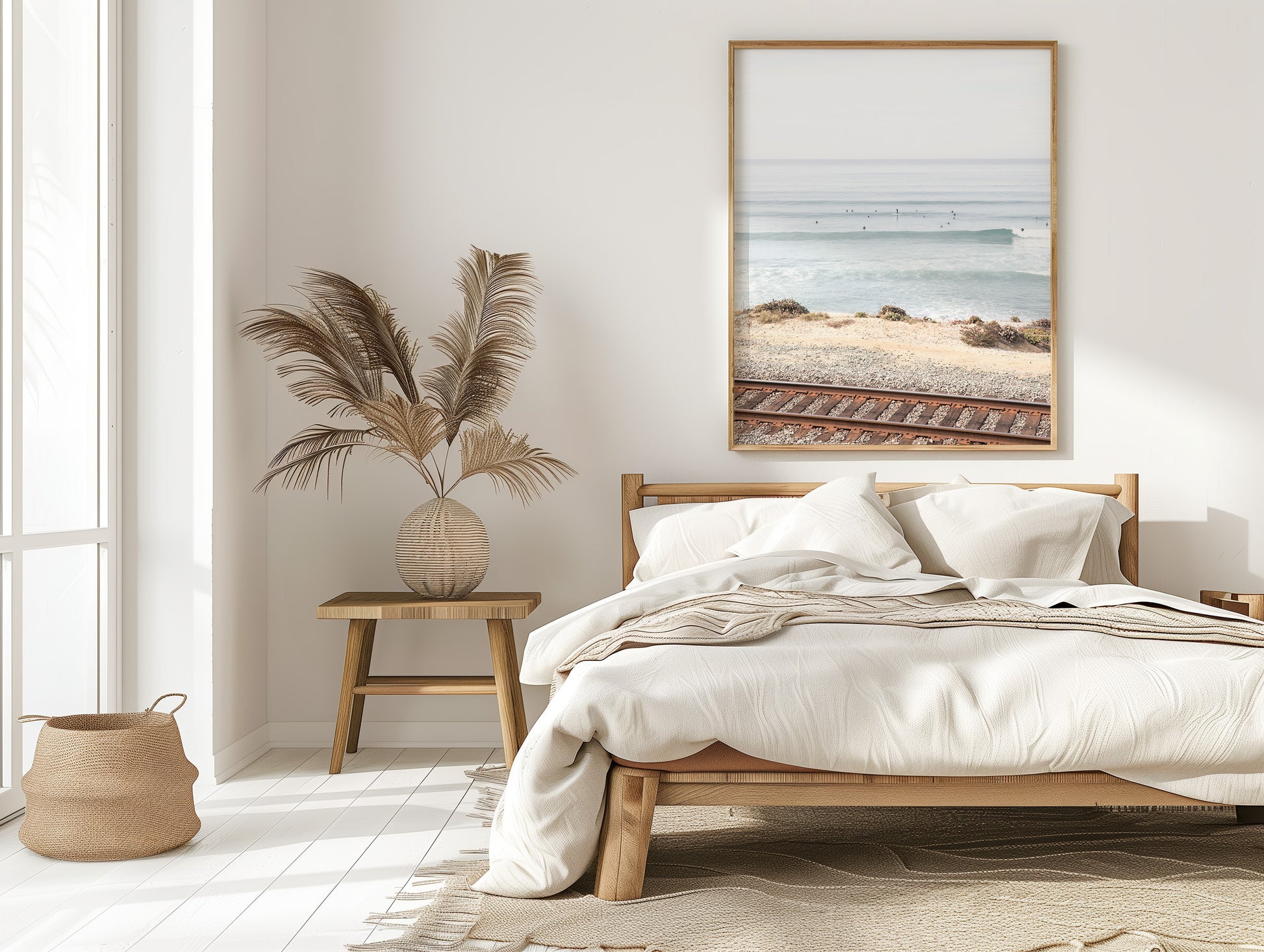 A framed print of a beach scene with waves and surfers, displayed on a train track in Del Mar, San Diego. Photograph in minimalist mock up.