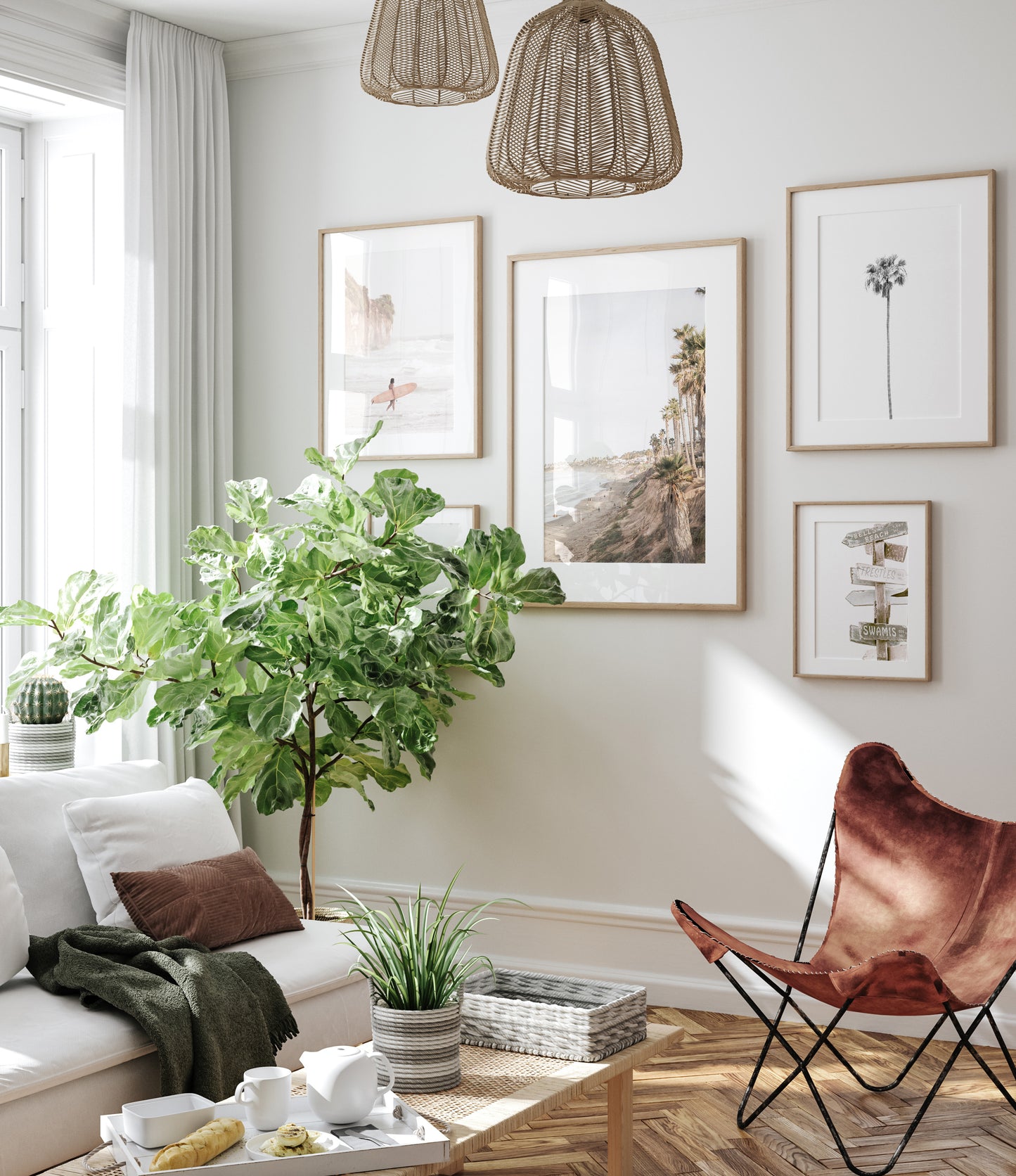 Vertical California coast print featuring a high vantage point overlooking Pacific Beach, with tall palm trees, a sandy beach, and the ocean. This coastal print offers a beautiful seascape. Photograph in minimalist mock up.