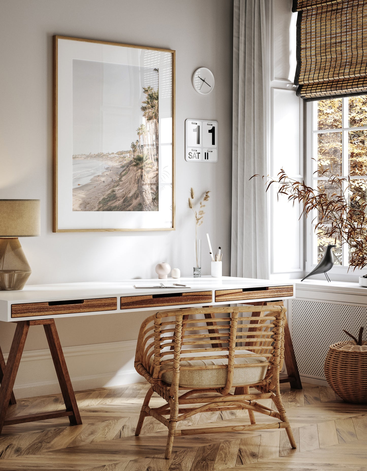 Vertical California coast print featuring a high vantage point overlooking Pacific Beach, with tall palm trees, a sandy beach, and the ocean. This coastal print offers a beautiful seascape. Photograph in minimalist mock up.