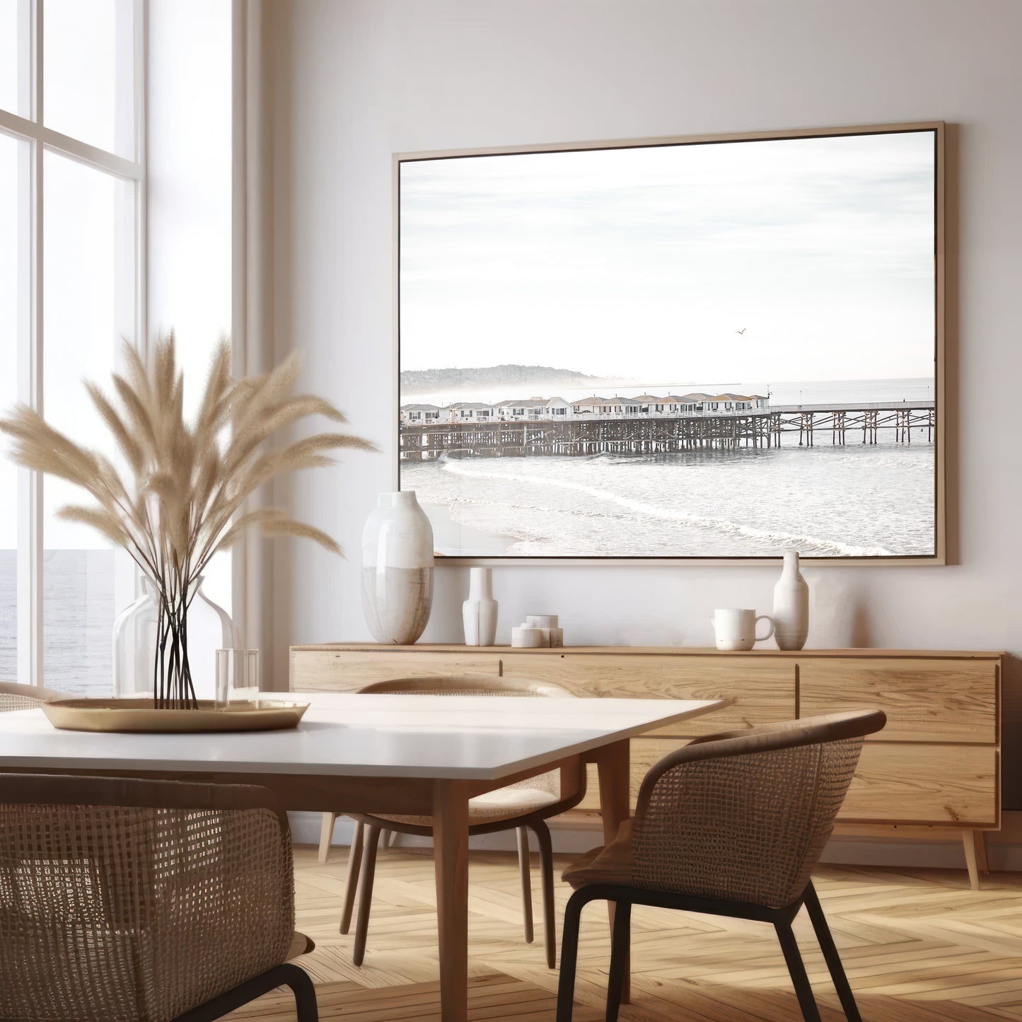 Landscape coastal photography of Crystal Pier in Pacific Beach, San Diego, extending into the calm ocean with gentle waves. Photograph in minimalist mock up