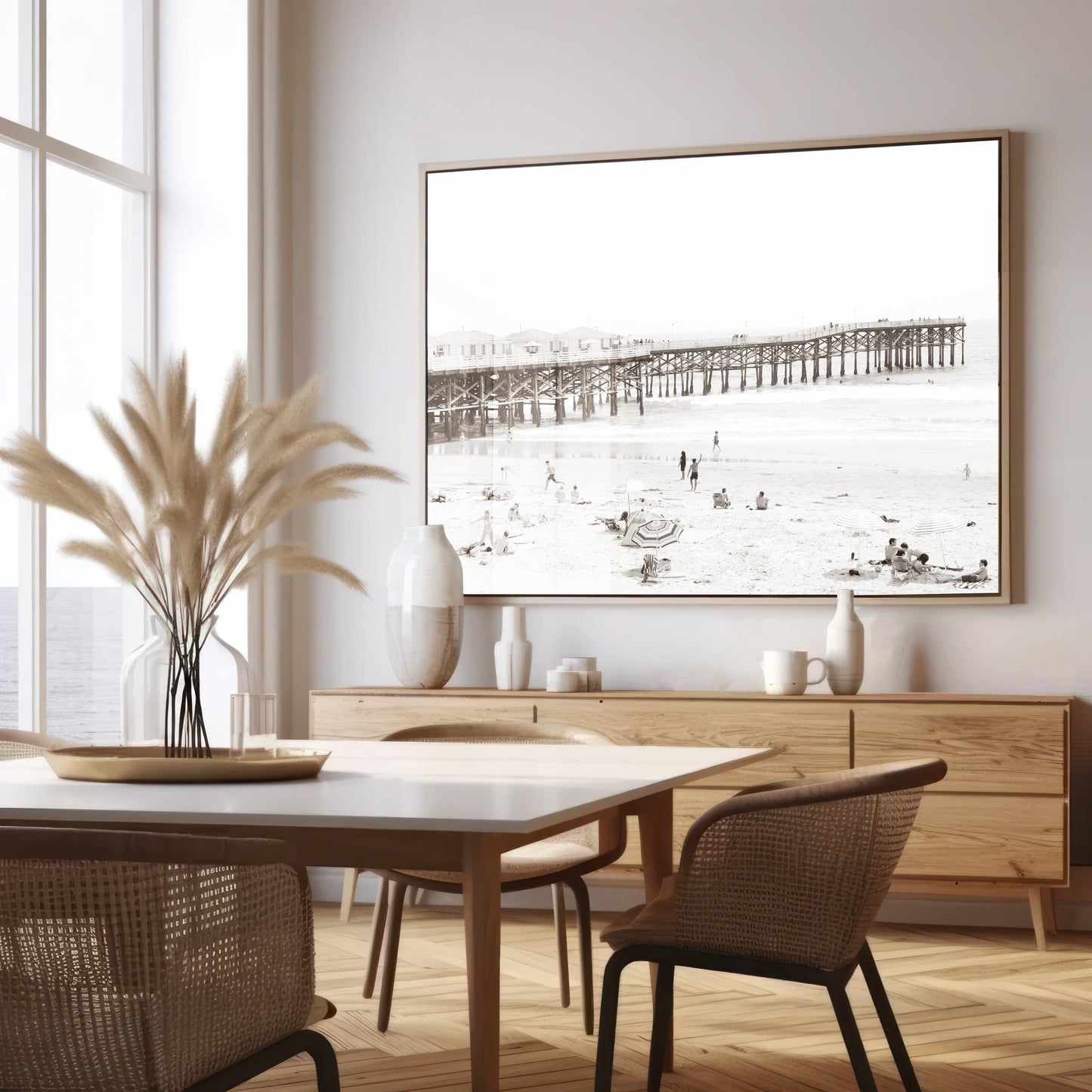 Sepia beach photo of Crystal Pier in Pacific Beach, San Diego, with people on the sandy beach. This framed coastal print showcases iconic beach scenes. Photograph in minimalist mock up.