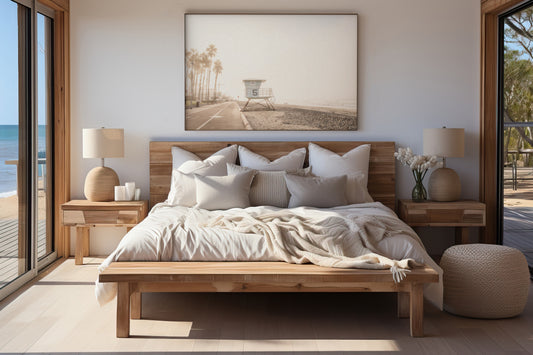 Landscape lifeguard tower photography of Oceanside, California, showing lifeguard tower number 5 on the beach with palm trees and a pathway leading towards the ocean. Photograph in minimalist mock up.