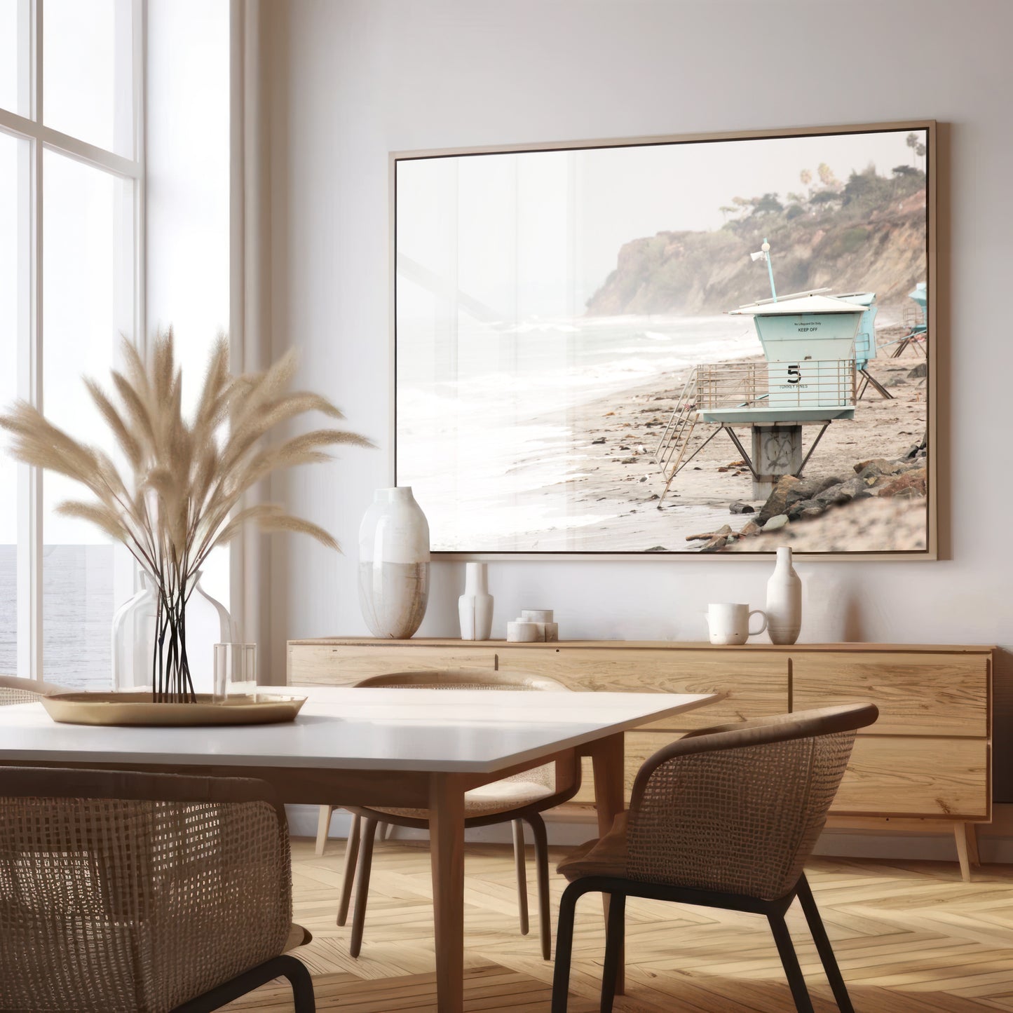 A serene piece of beach photography showcasing a light blue lifeguard tower, number 5, on the San Diego coast. This pastel beach art captures the iconic tower standing on wet sand with gentle ocean waves receding, under a hazy, overcast sky with distant cliffs. A perfect landscape lifeguard tower print for coastal theme wall art. Photograph in minimalist surf art mock up.