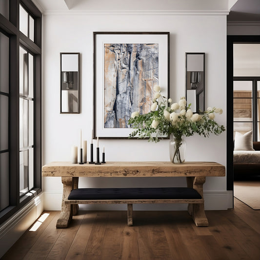 Fine art Yosemite Valley vertical  landscape print by Southern California photographer Kim Dybczak of Salt Creek Prints, featuring a multi colored granite cliff side. Photograph in minimalist entry way mock up