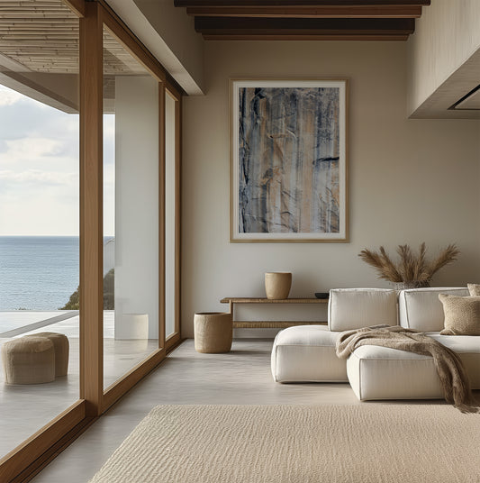 Fine art Yosemite Valley vertical  landscape print by Southern California photographer Kim Dybczak of Salt Creek Prints, featuring a multi colored granite cliff side. Photograph in minimalist living room mock up