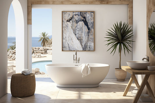 Fine art Yosemite Valley vertical  landscape print by Southern California photographer Kim Dybczak of Salt Creek Prints, featuring a multi colored granite cliff side. Photograph in minimalist bathroom mock up