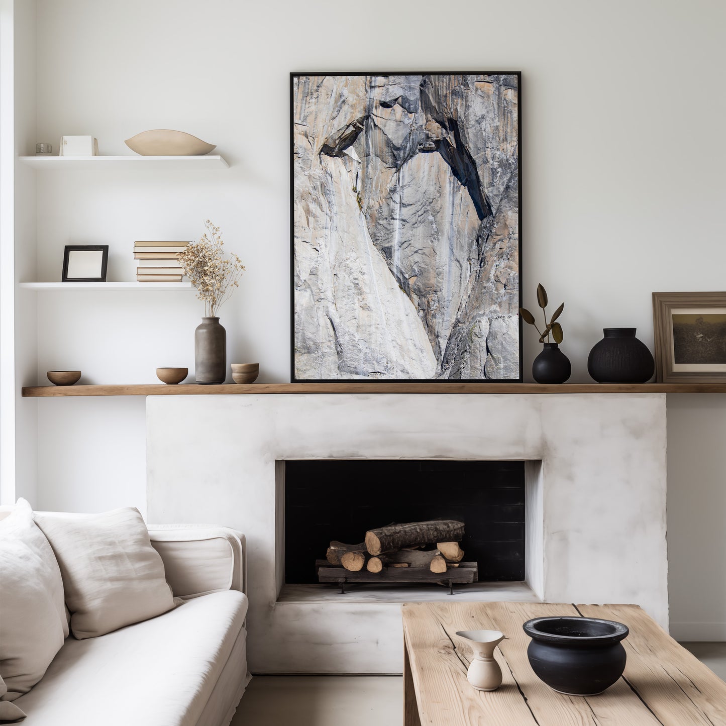 Fine art Yosemite Valley vertical landscape print by Southern California photographer Kim Dybczak of Salt Creek Prints, featuring a multi colored granite cliff side. Photograph in minimalist living room mock up