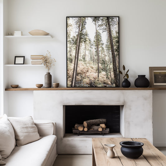 Fine art Yosemite Valley forest vertical  landscape print by Southern California photographer Kim Dybczak of Salt Creek Prints, featuring tall trees. Photograph in minimalist mock up