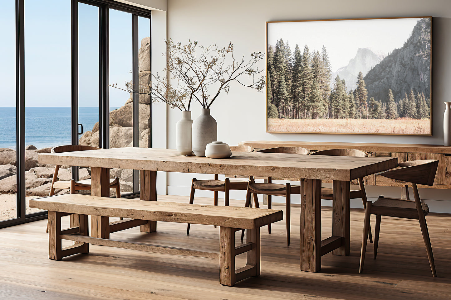 Fine art Yosemite Valley horizontal landscape print by Southern California photographer Kim Dybczak of Salt Creek Prints, featuring a golden field and granite cliffs with with a valley in the mountains distance. Photograph in dining room mock up