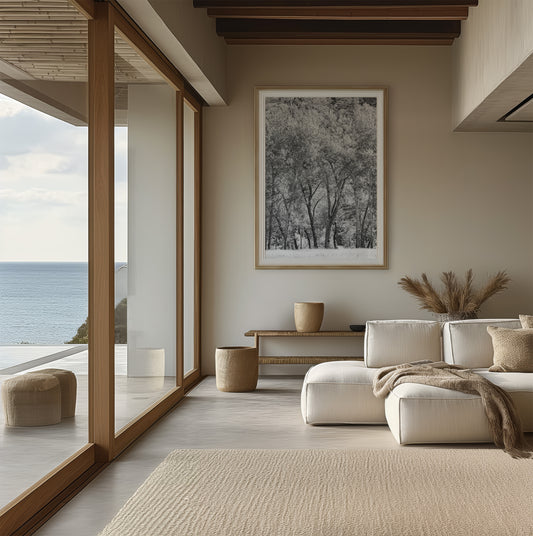 Fine art Yosemite Valley forest vertical  landscape black and white print by Southern California photographer Kim Dybczak of Salt Creek Prints, featuring tall trees. Photograph in minimalist mock up