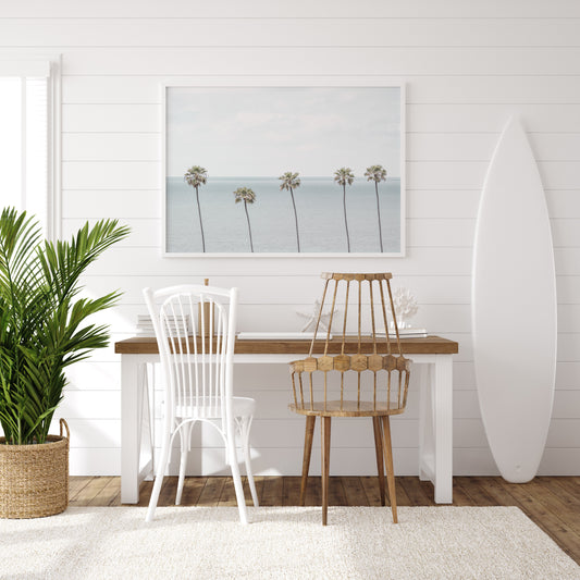 Coastal Encinitas photography featuring a row of palm trees along the coastline. Photograph in minimalist mock up.