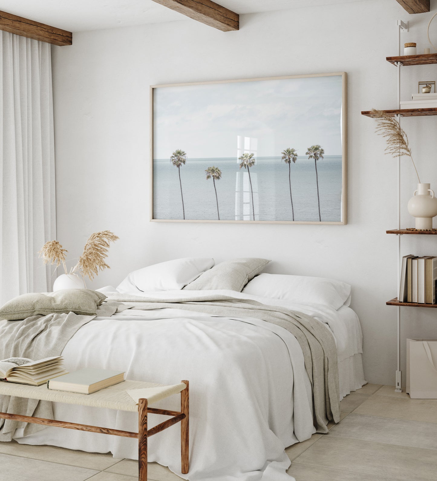 Coastal Encinitas photography featuring a row of palm trees along the coastline. Photograph in minimalist mock up.