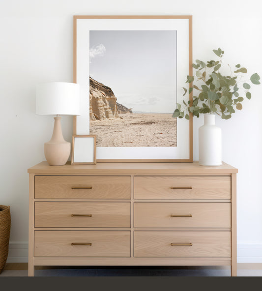 Framed Fine Art photograph of Solana Beach above a dresser