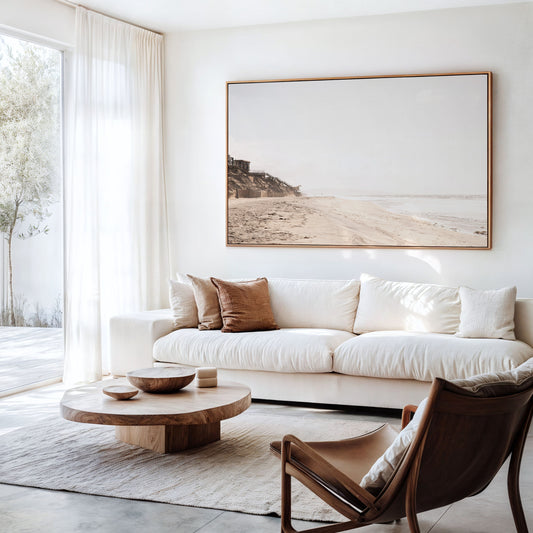 Framed Fine art photograph of beige sand and white waves at Solana Beach above a couch