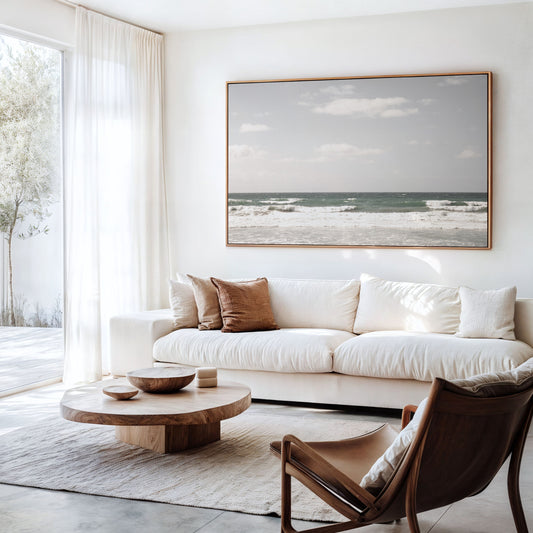 Framed Fine art photograph of green blue ocean waves at Solana Beach hung on a wall