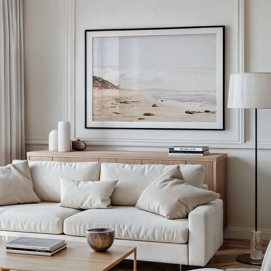 Photography by Kim Dybczak of: Framed Fine Art photograph of Solana Beach with sand and waves hung on a wall