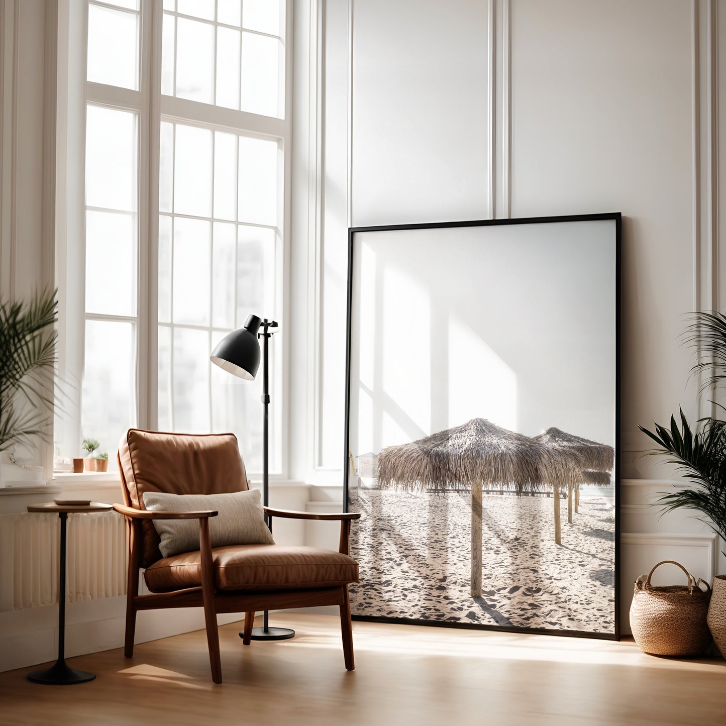 Framed Fine Art photograph of Moonlight Beach leaning against a wall