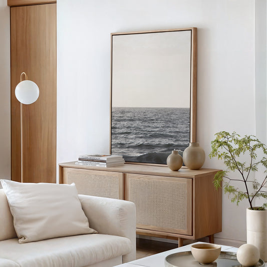 Framed Fine Art photograph of waves at Moonlight  Beach in a living room
