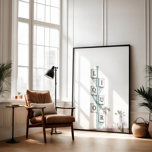 A vertical shot of the iconic Leucadia Liquor sign, with each letter of "LIQUOR" in a separate box against a teal-colored post and a bright white sky with palm trees in the background. Photograph in minimalist mock up