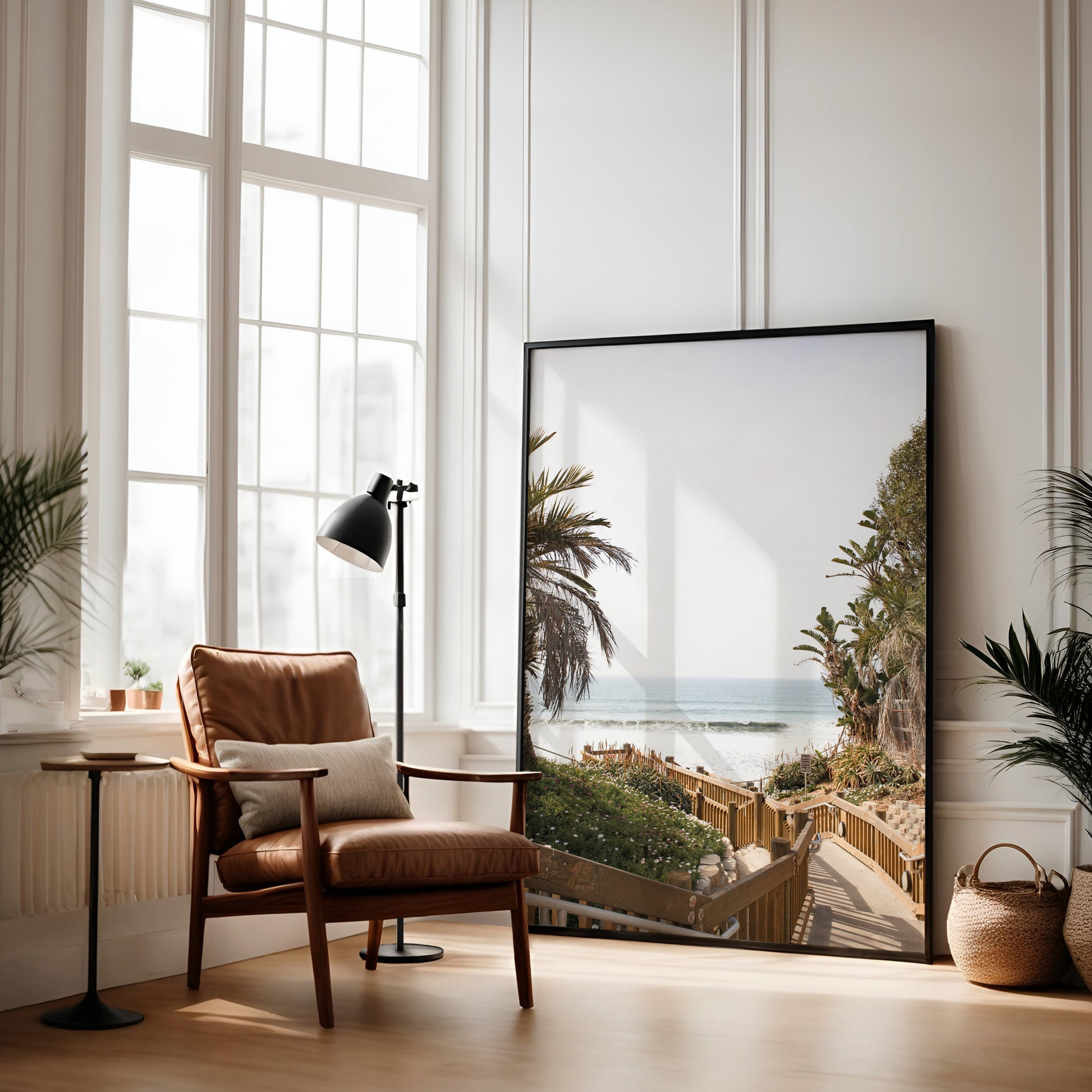Vertical coastal wall print featuring a stairway leading down to a beach with palm trees and ocean view. Photograph in minimalist mock up.