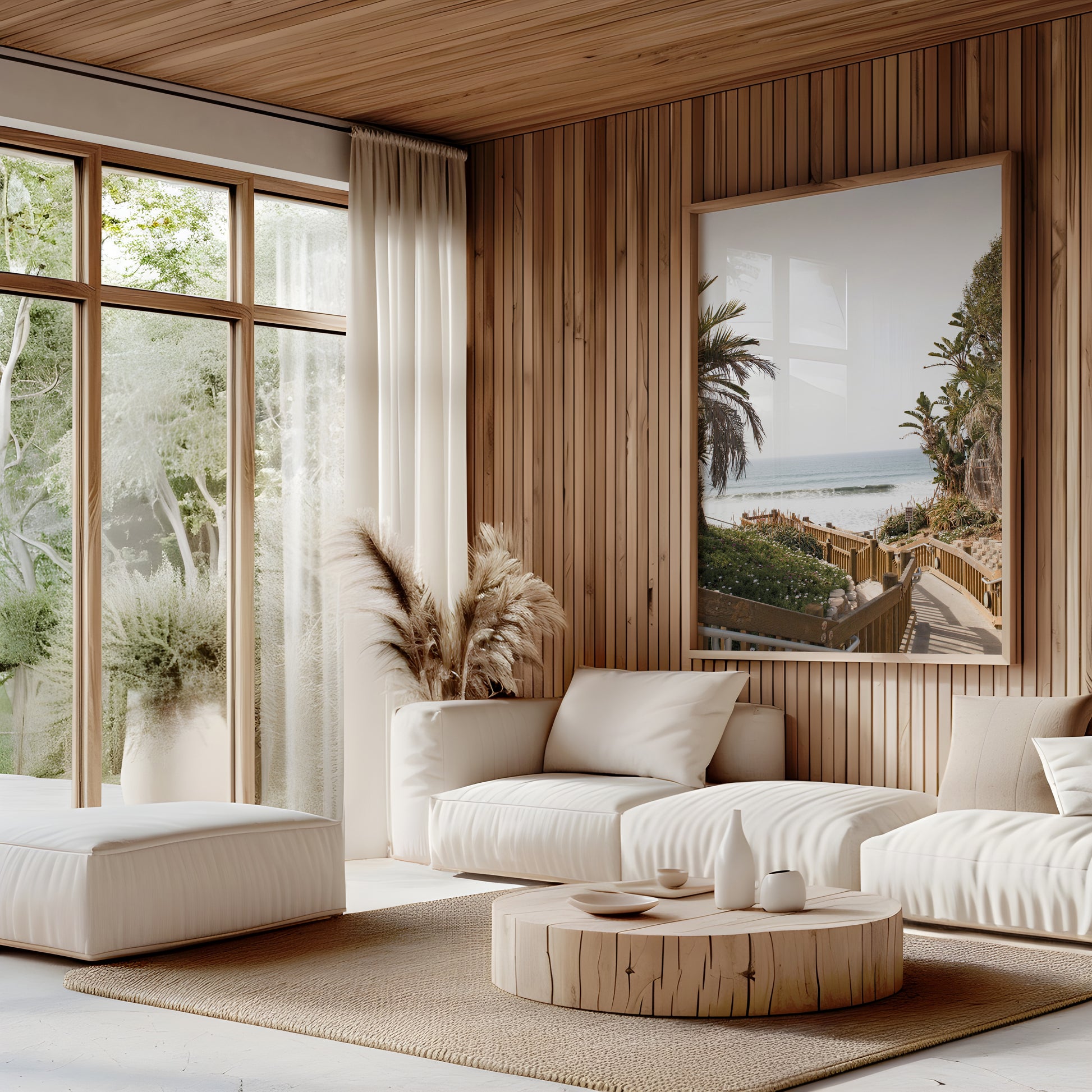 Vertical coastal wall print featuring a stairway leading down to a beach with palm trees and ocean view. Photograph in minimalist mock up.