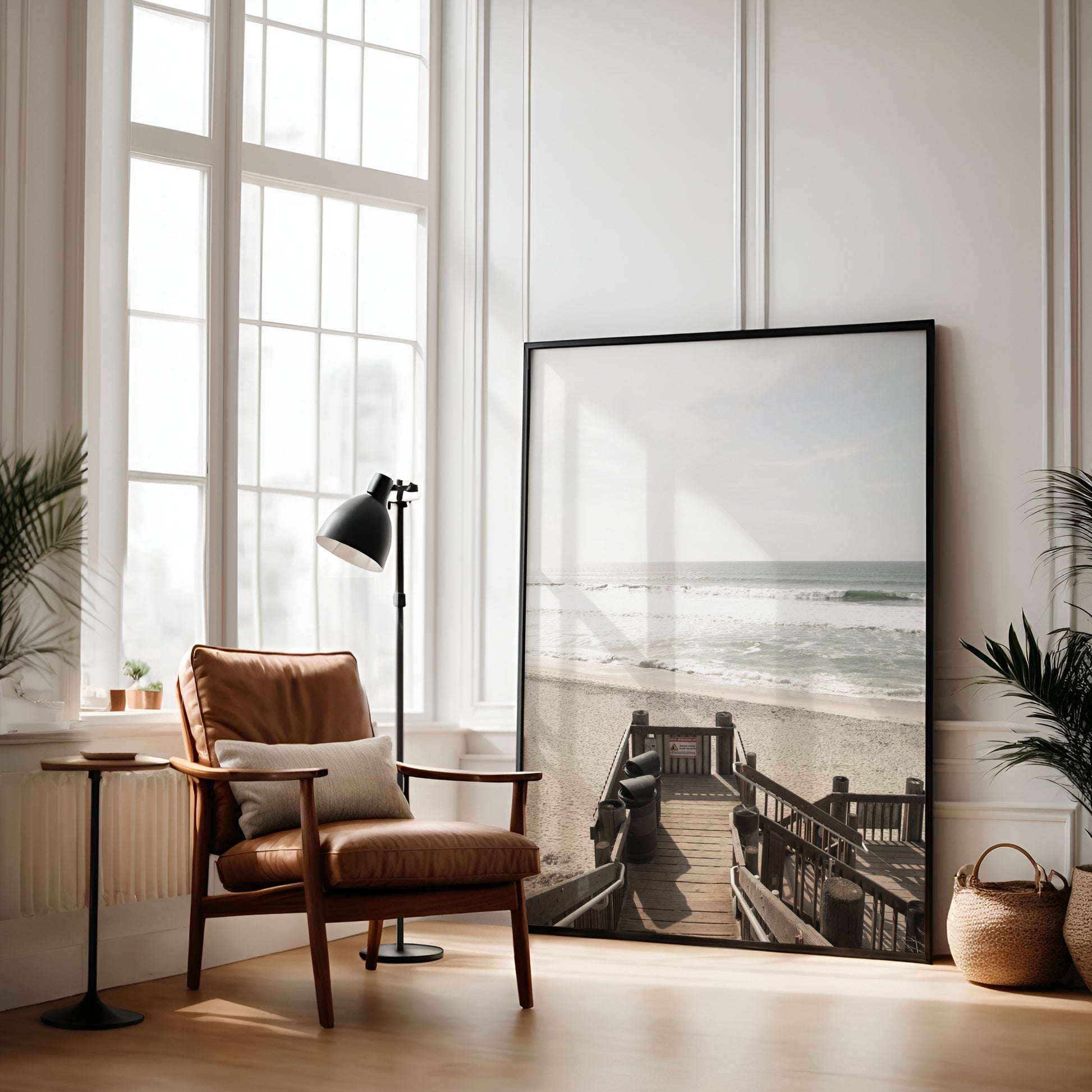 Vertical coastal wall print featuring a stairway leading down to a beach, overlooking an ocean view. Photograph in minimalist mock up.