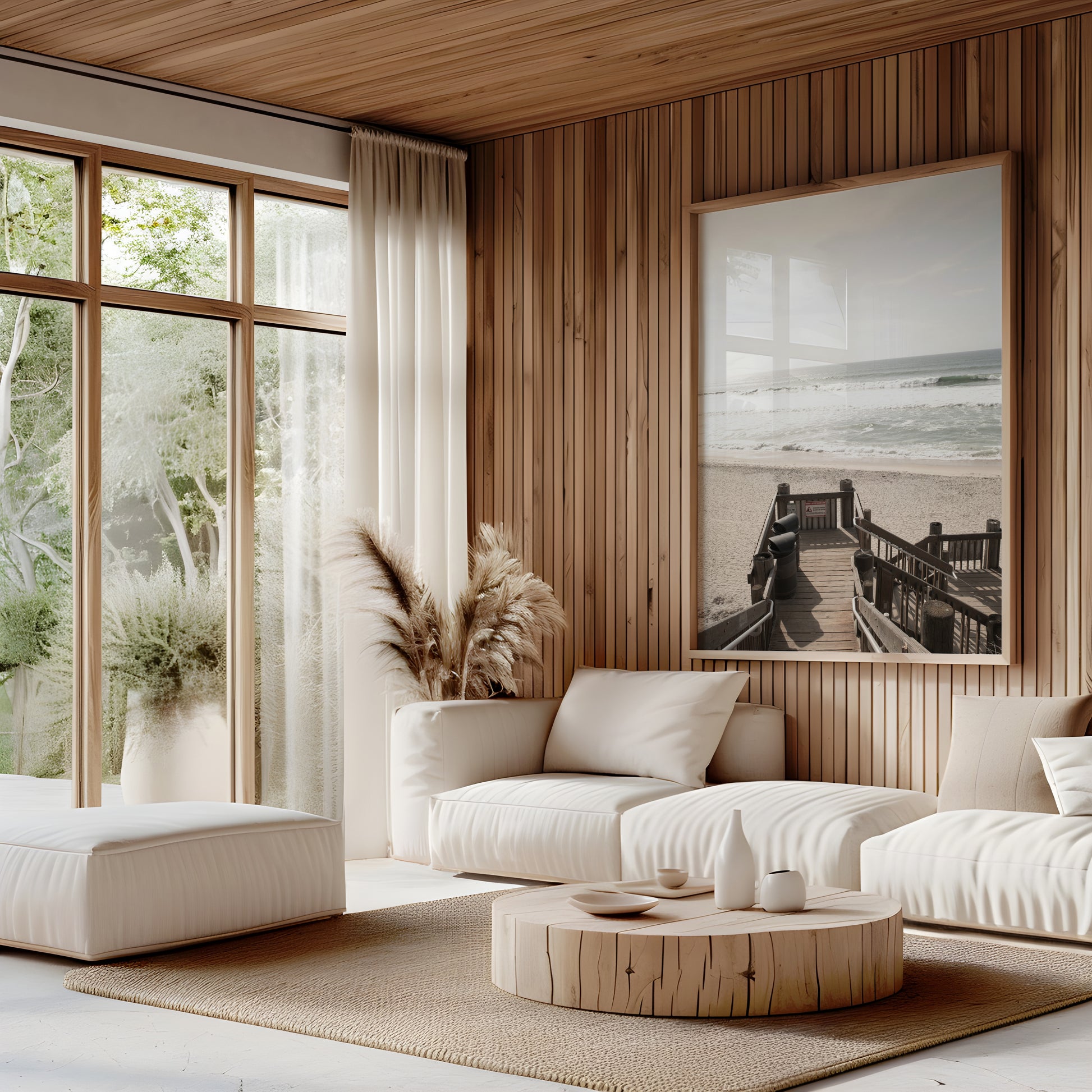 Vertical coastal wall print featuring a stairway leading down to a beach, overlooking an ocean view. Photograph in minimalist mock up.