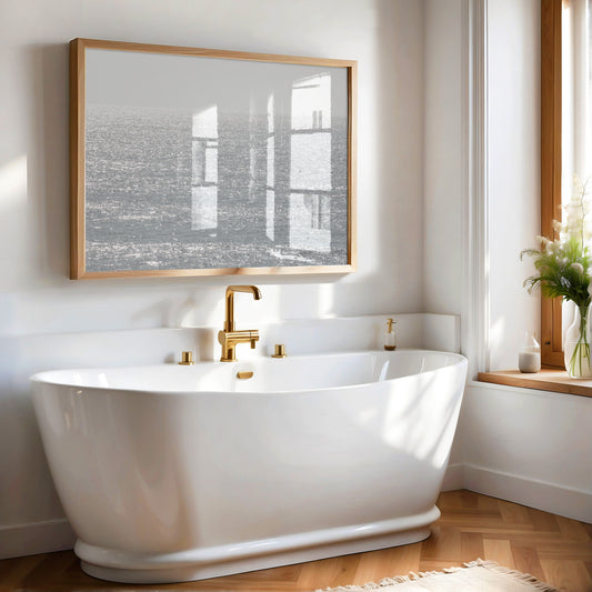 Minimalist ocean art print of a bright, sunlit ocean surface, creating a sparkling seascape. This calm ocean print is perfect for modern coastal decor. Photograph in minimalist mock up.