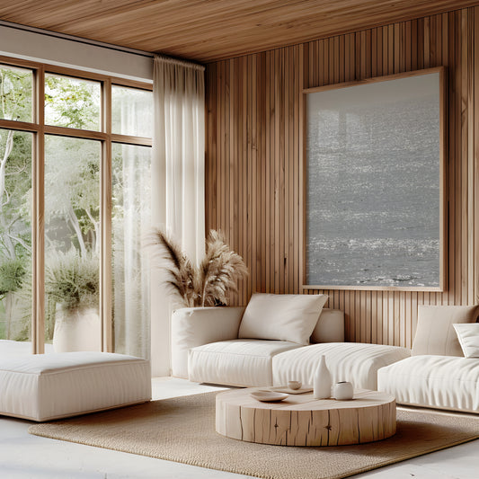 Minimalist ocean art print of a bright, sunlit ocean surface, creating a sparkling vertical seascape. Photograph in minimalist mock up.