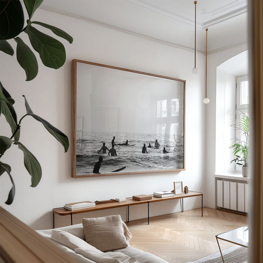 Oversized framed photo of: Swamis 6683 displayed on a living room wall above a console.