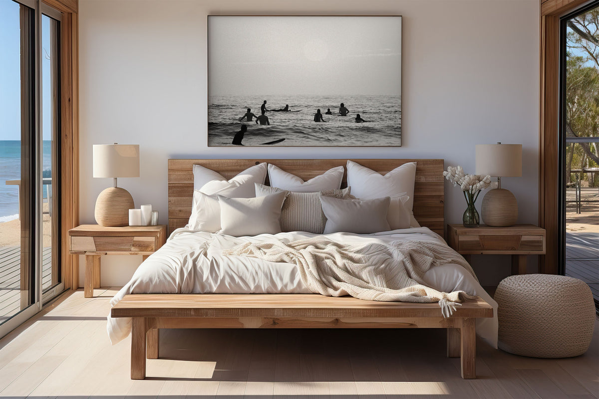 Framed photo of: Swamis 6683 displayed on a wall above a wood bed.