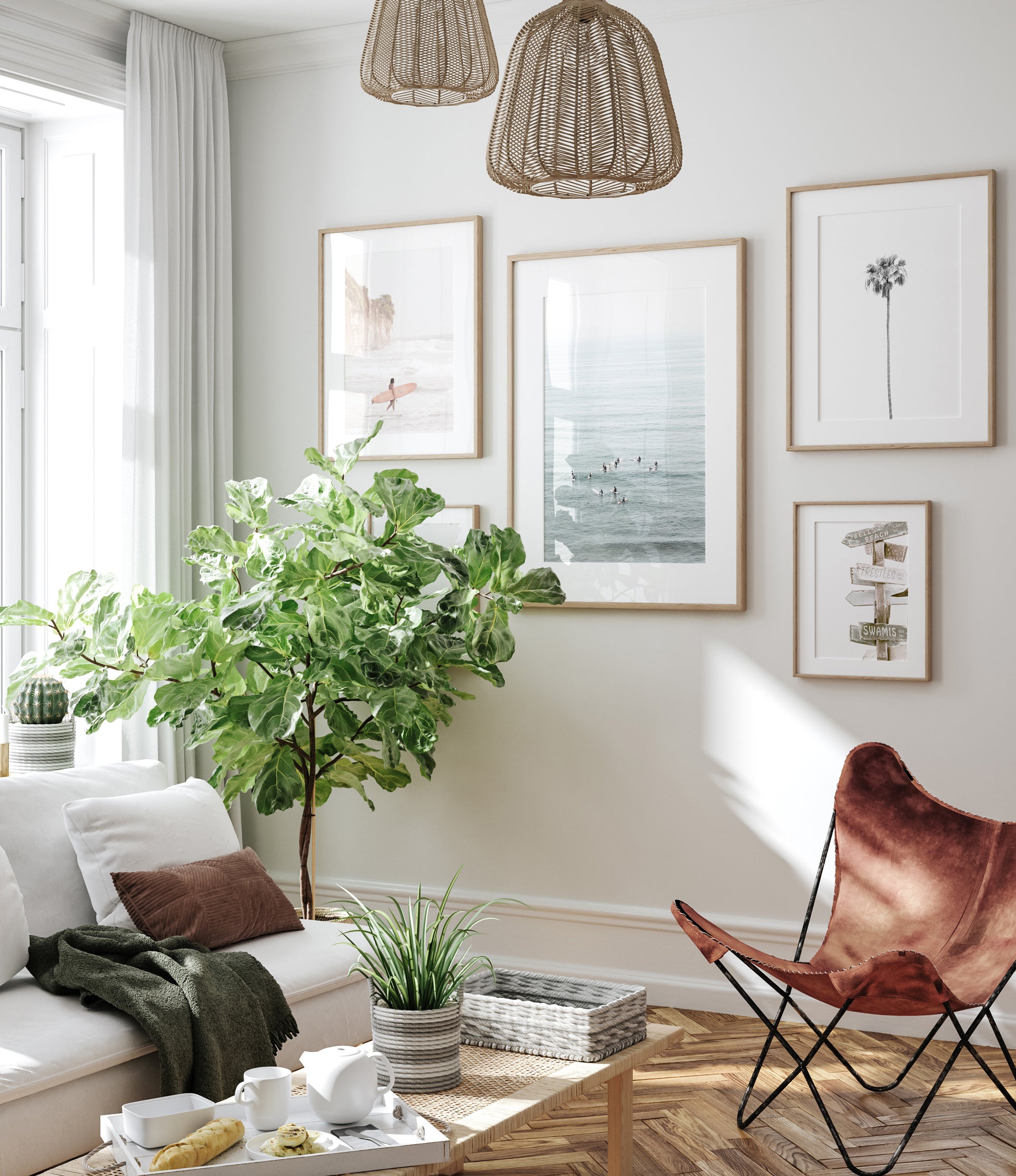 Vertical surf art showing multiple surfers waiting in the calm ocean water for waves, with a hazy Southern California coastline in the distance. This minimalist surf print captures authentic surf vibes. Photograph in minimalist mock up.