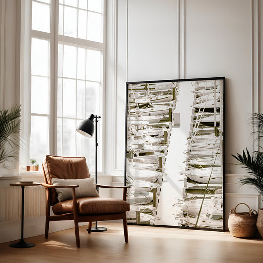 Vertical nautical wall print featuring a marina packed with white boats docked at the San Diego harbor. Photograph in minimalist mock up.