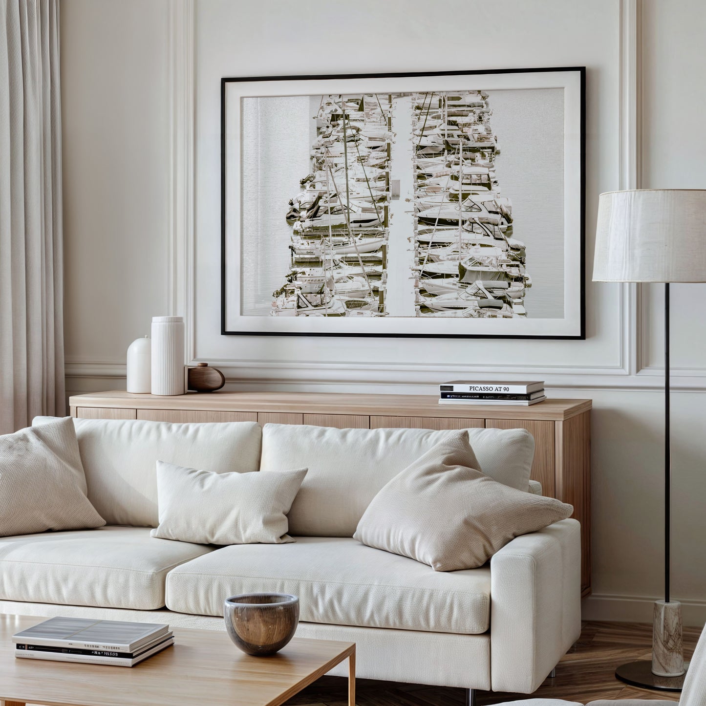 Photography by Kim Dybczak of: Lined white boats docked at the San Diego harbor. Photograph in minimalist mock up.