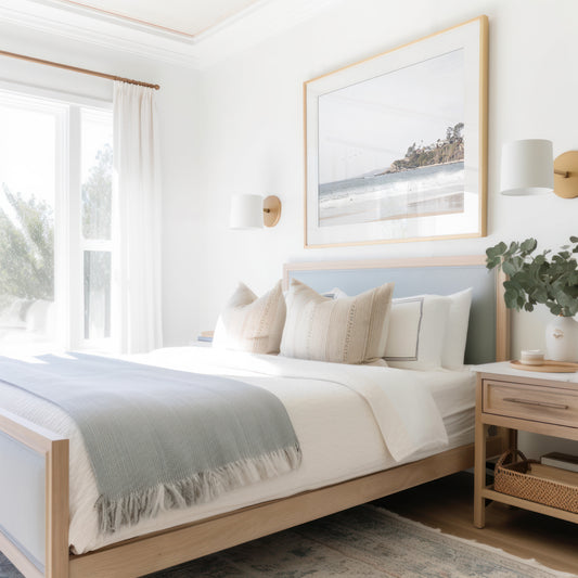 Landscape surf wall decor featuring surfers in the ocean near Salt Creek Beach, with a distant residential coastline and crashing waves. This print captures the surf vibes. Photograph in minimalist mock up.