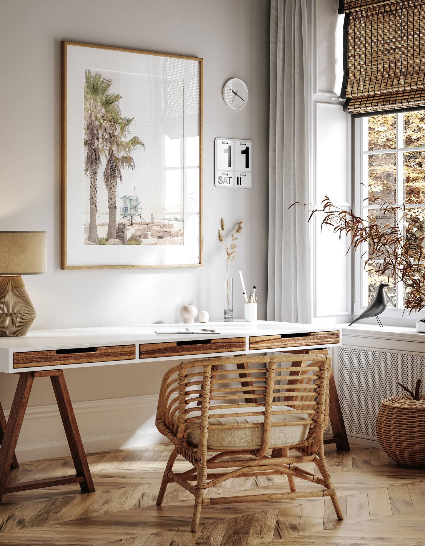 Dreamy coastal palm tree print featuring two tall palm trees with shaggy trunks in the foreground and a pastel blue lifeguard tower centered in the distance. This vertical tropical print is captured at Seaside Beach on the Southern California coast, is bathed in bright, hazy sunlight, creating a pastel beach art effect. Evokes serene summer vibes, perfect for beach house decor. Photograph in minimalist mock up.