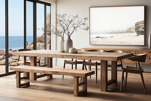 Horizontal coastal photography featuring a beach scene with a calm ocean and a rocky shore, beach homes in the foggy distance, located in Laguna California. Photograph in minimalist mock up.