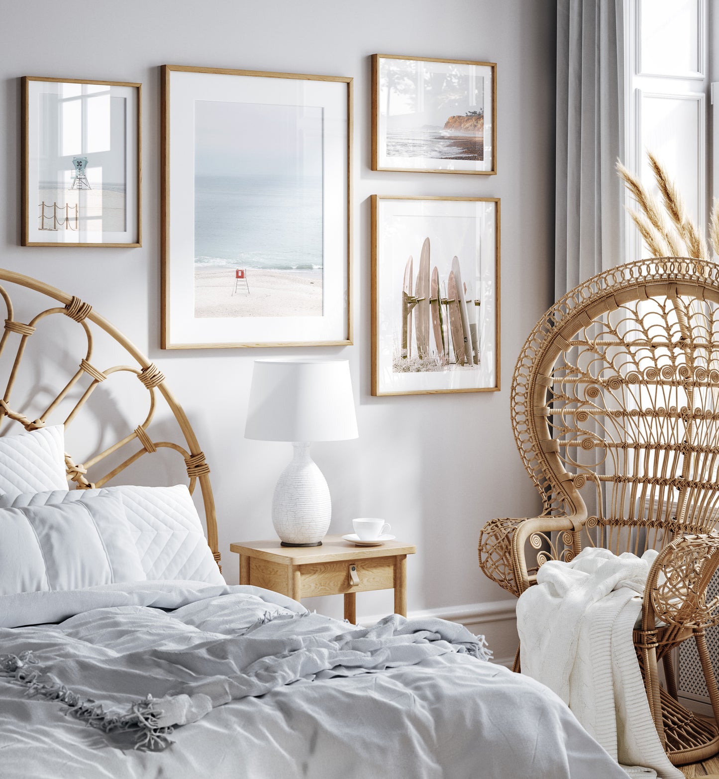 Vertical coastal photography featuring a red and white lifeguard chair and a calm ocean background, located in Laguna California. Photograph in minimalist mock up.