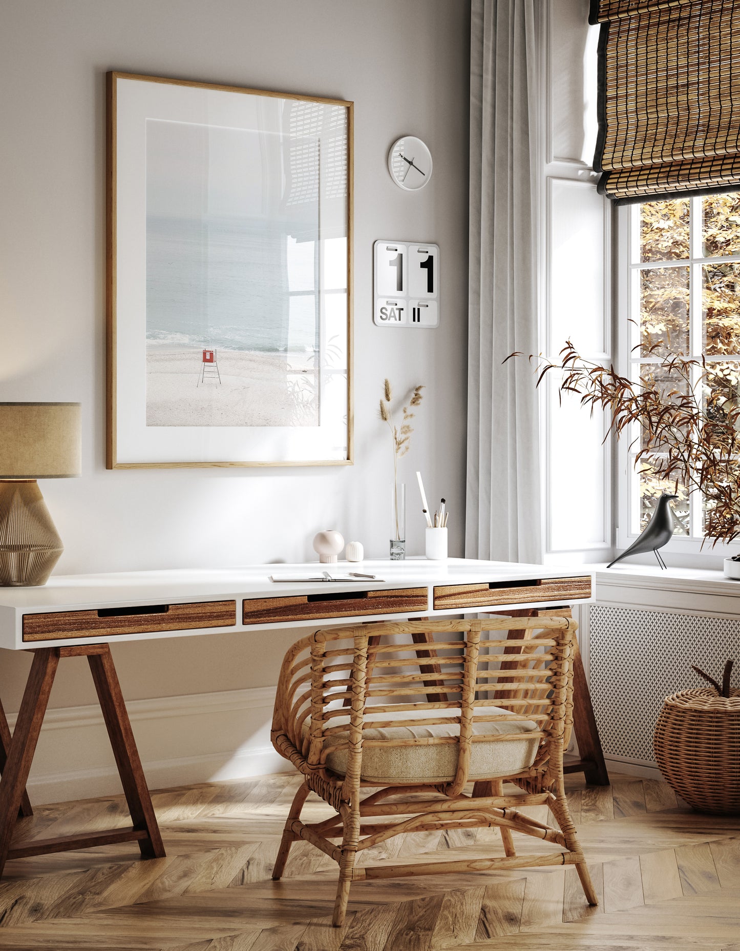 Vertical coastal photography featuring a red and white lifeguard chair and a calm ocean background, located in Laguna California. Photograph in minimalist mock up.
