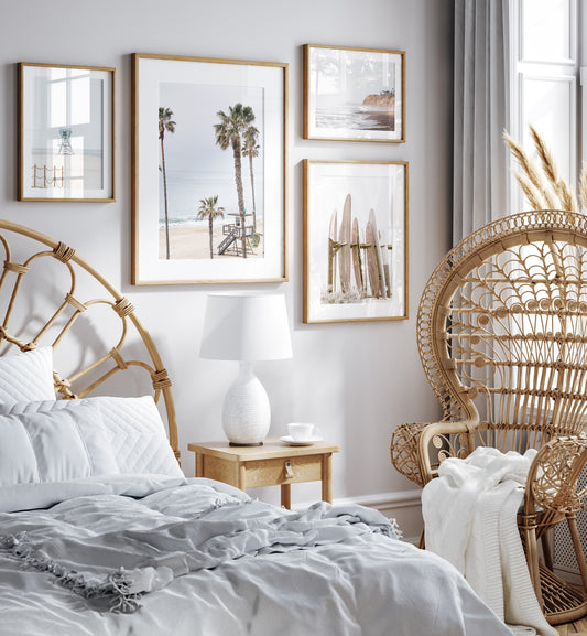 Vertical coastal photography of a coastal scene with palm trees and a lifeguard tower at Aliso Beach, Laguna California, with a wooden frame. Photograph in minimalist mock up.