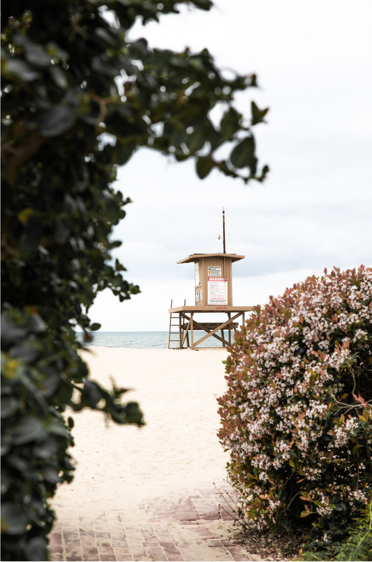 Vertical coastal photography of a Newport Beach lifeguard tower on the sand, framed by lush green and flowering foliage.