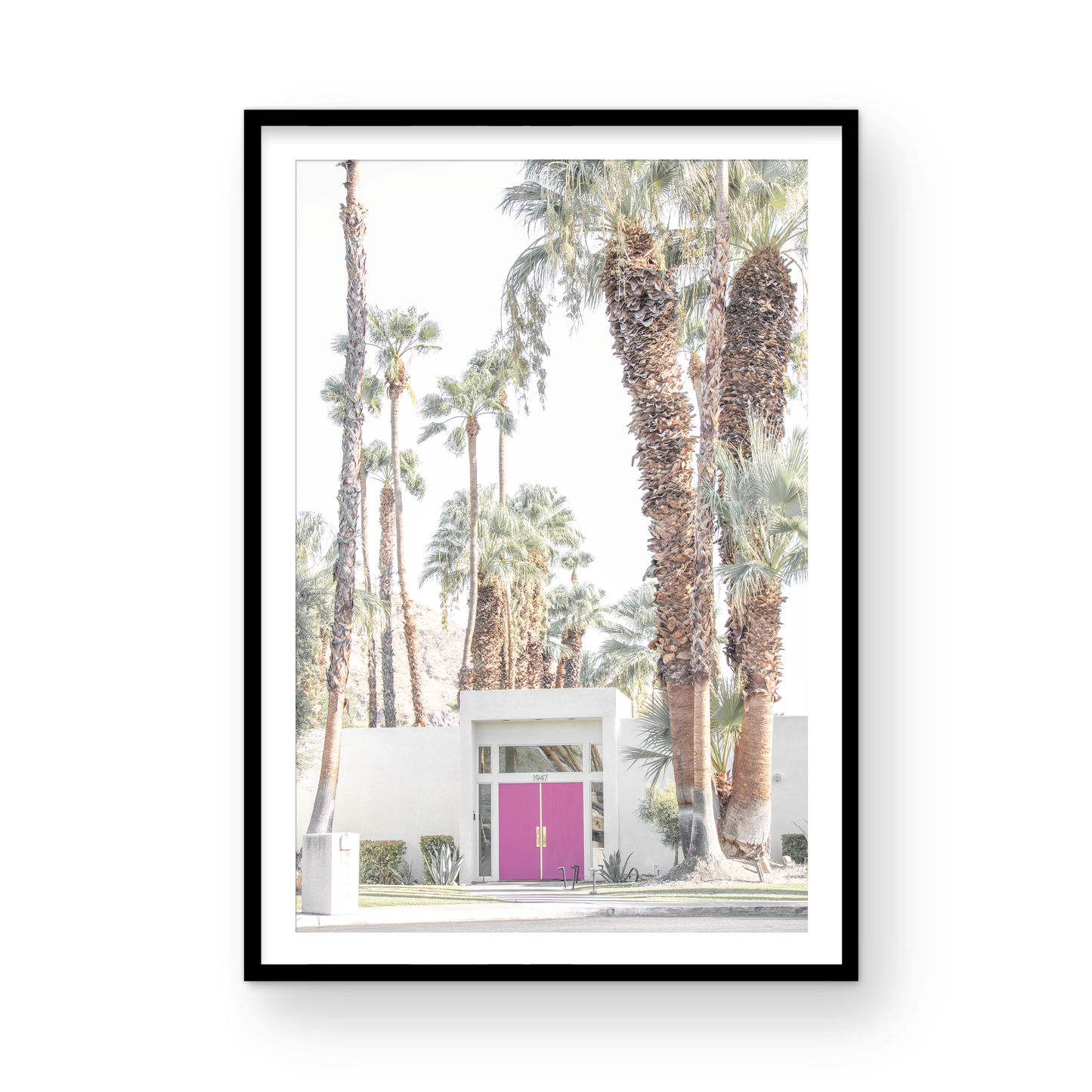 Vertical tropical print featuring a Palm Springs residence with a vibrant pink door, framed by numerous tall palm trees. This image is a fun beach photography style print. Photograph in minimalist mock up.