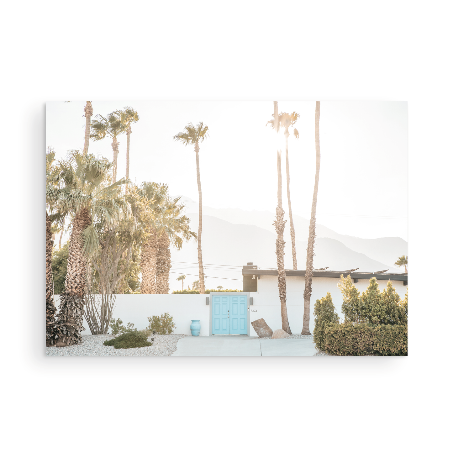 Coastal print of a Palm Springs home with a bright blue door, surrounded by tall palm trees and distant mountains, embodying summer vibes wall art. Photograph in minimalist mock up.