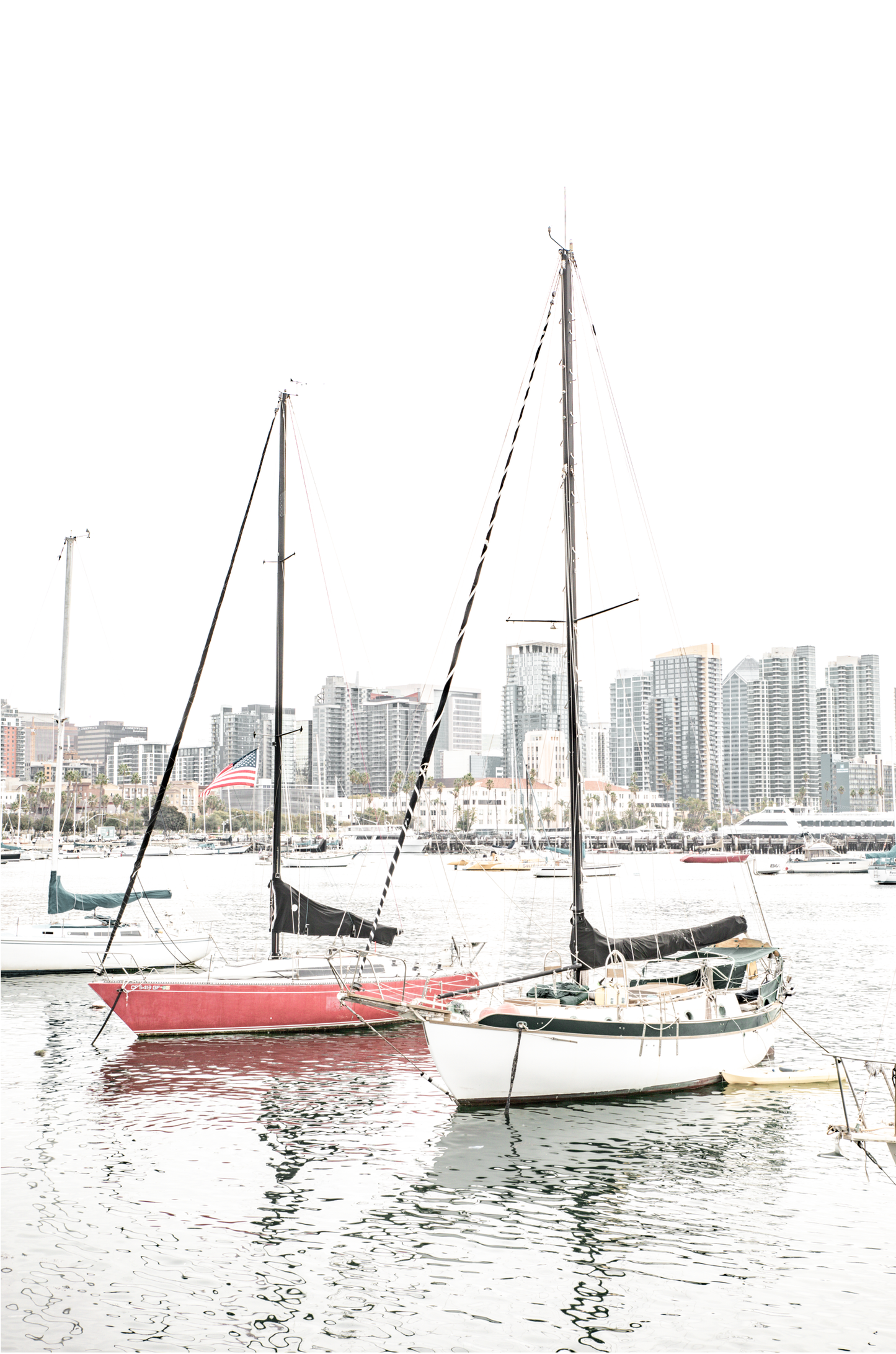 A vertical San Diego print showcasing numerous sailboats in San Diego Harbor with the city skyline in the background. This modern coastal print embodies the Southern California coastal photography, perfect for a large beach wall art.