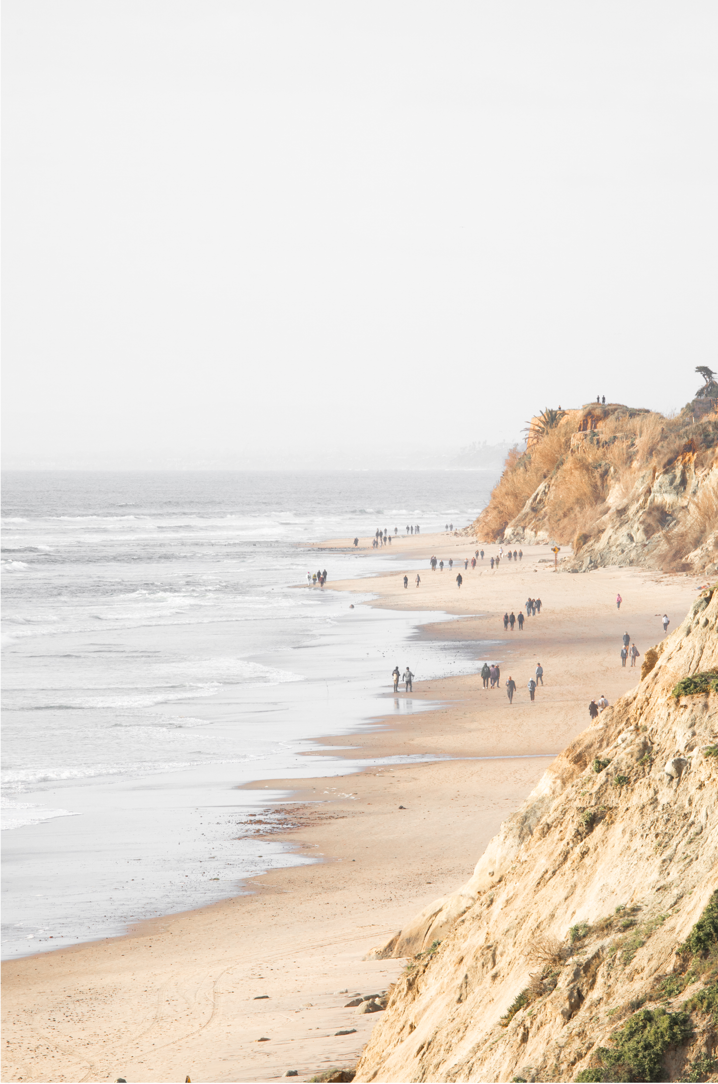 Fine art of Torrey Pines, San Diego California vertical print of hazy high-angle landscape beach photography captures a light blue ocean meeting a sandy beach with many beach goers. To the right, tall tan and brown cliffs rise as iconic coastal scenery. Photograph in minimalist framed mock up.