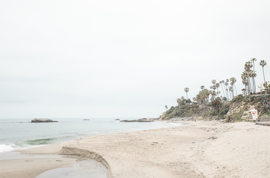 Horizontal coastal photography of a white lifeguard tower at Laguna Beach, California, depicting a beach scene with palm trees and a calm ocean.