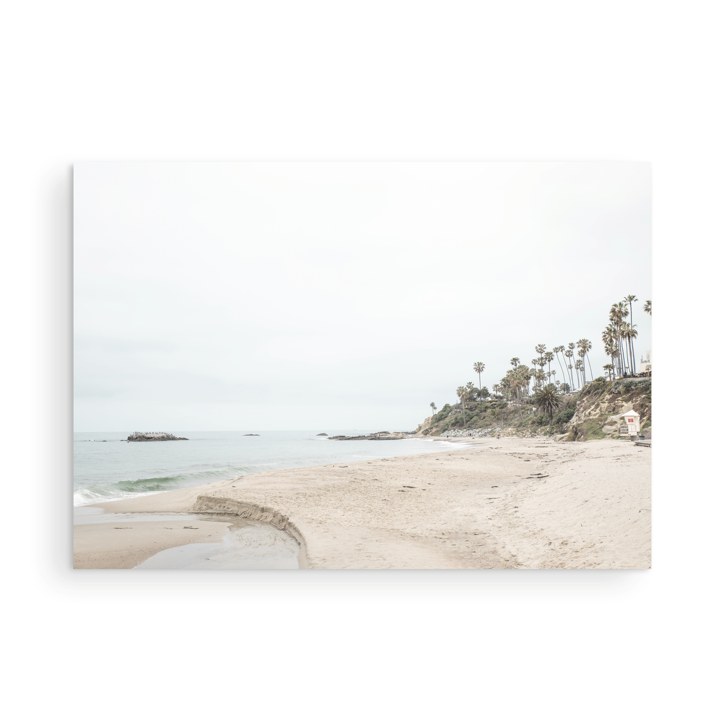 Horizontal coastal photography of a white lifeguard tower at Laguna Beach, California, depicting a beach scene with palm trees and a calm ocean. Photograph in minimalist mock up.