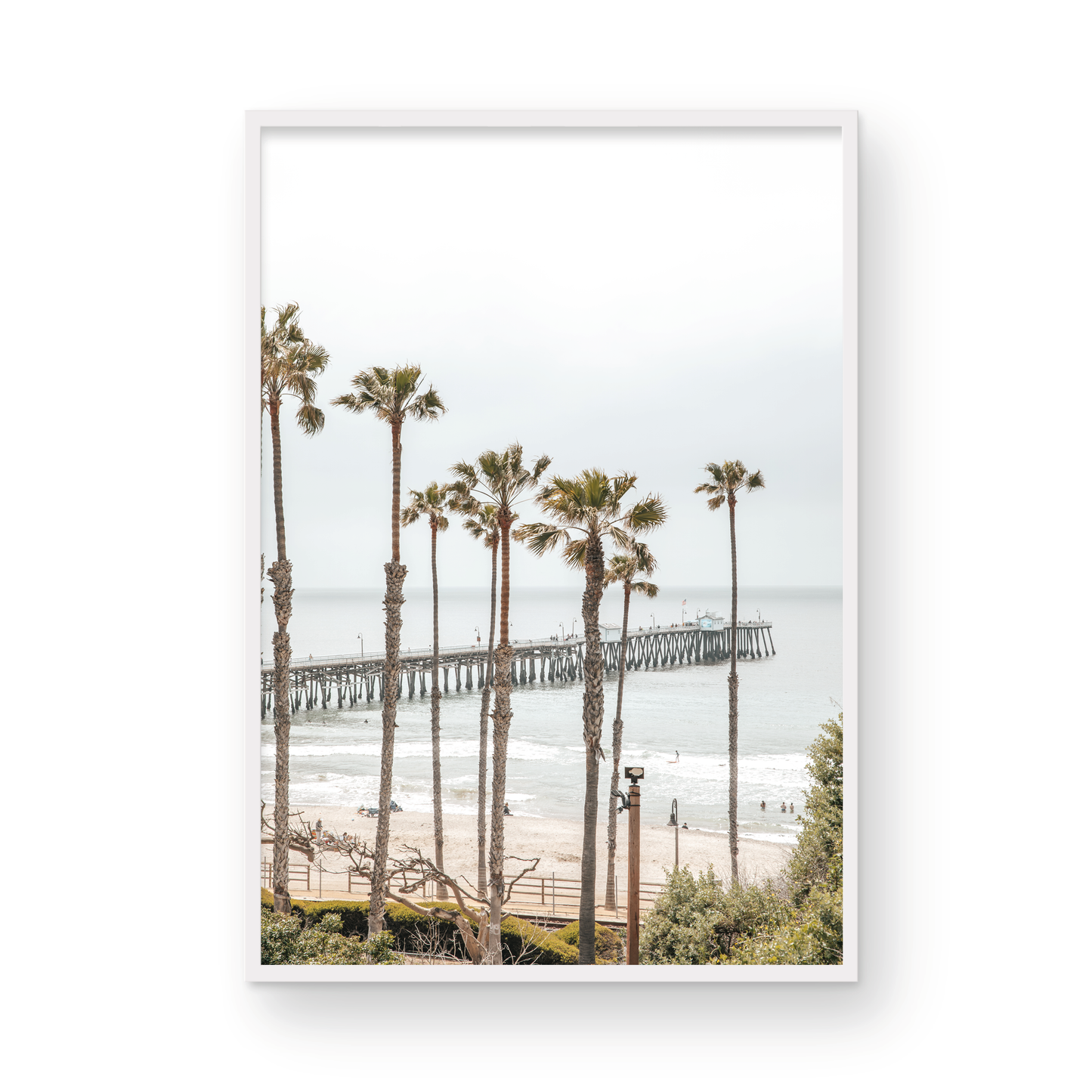A vertical landscape coastal photography shot of the San Clemente Pier from behind a lush line of tall palm trees. This beachscape print highlights the California coast and is ideal for large beach art or a beach theme wall decor, with subtle ocean waves. Photograph in minimalist mock up.