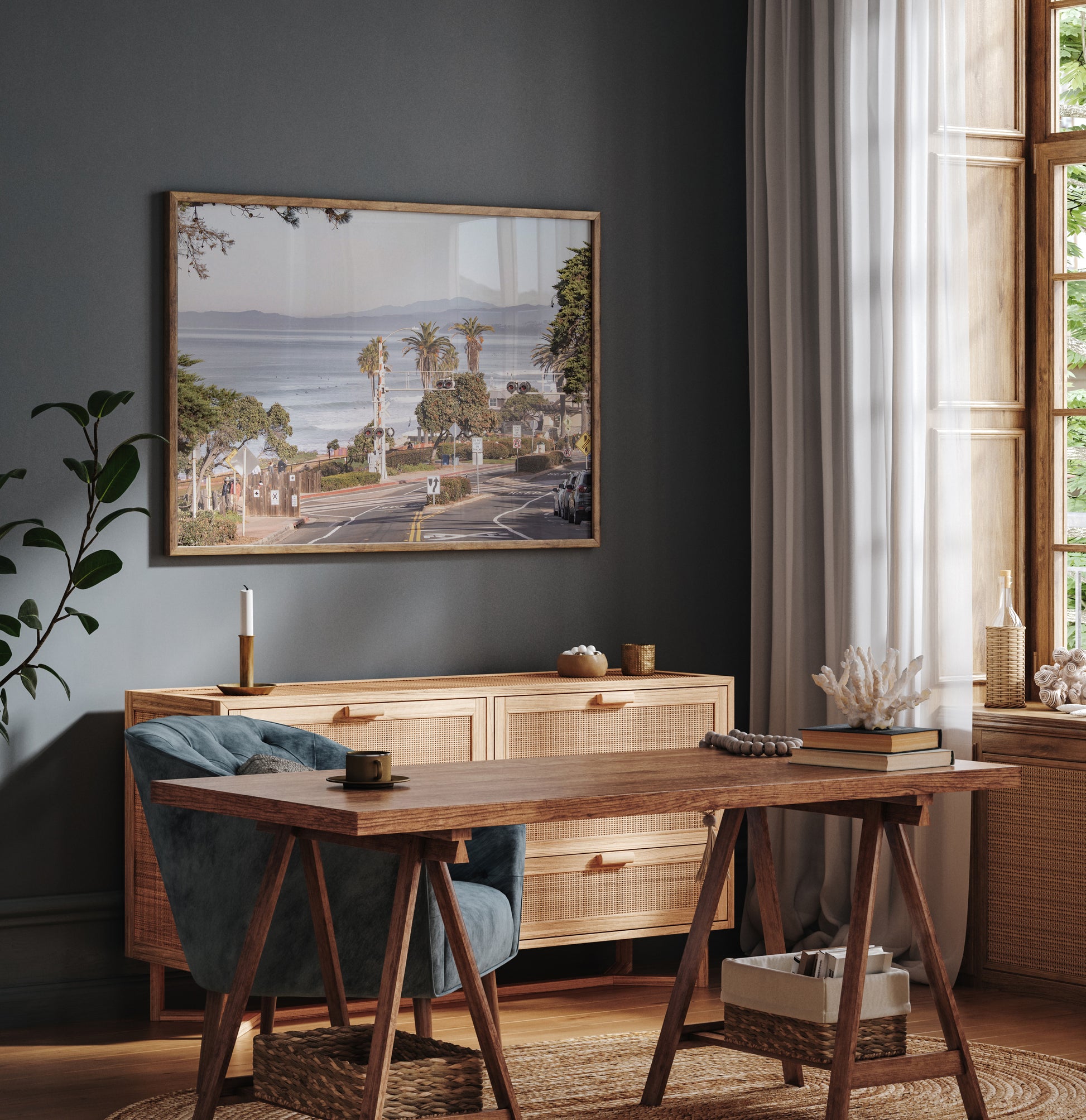 Coastal fine art photography print featuring a scenic view of a coastal road with palm trees, ocean in the background. Photograph in minimalist mock up.