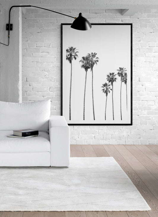 Minimalist palm tree print in black and white, showcasing a line of tall palm trees against a bright background. This vertical wall art is a coastal palm tree print. Photograph in minimalist mock up.